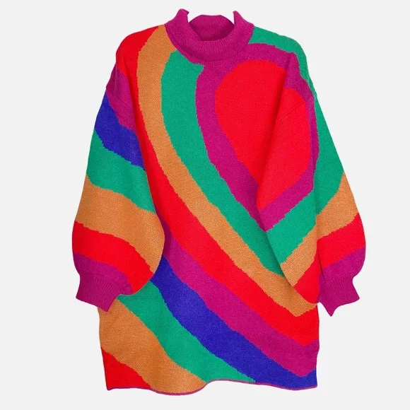 NWT FARM RIO Rainbow Wild Hearts Sweater Dress Bubble Sleeve Mock Neck Mini S - Picture 2 of 14